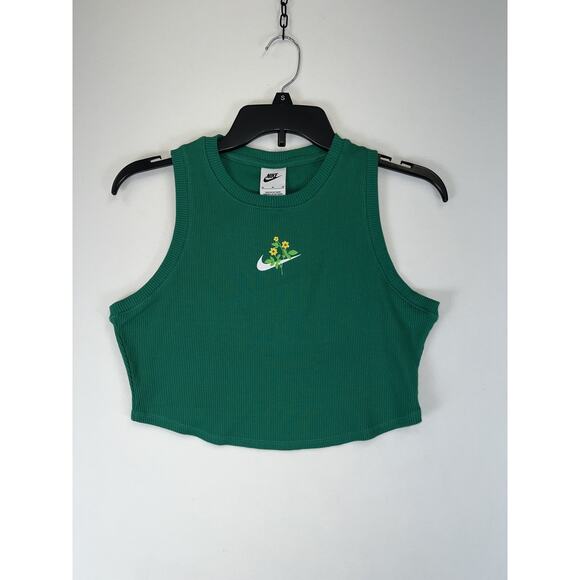 Nike Crop Tank Top Womens Medium Ribbed Embroidered Flower Swoosh HF4507-365 - Picture 1 of 7